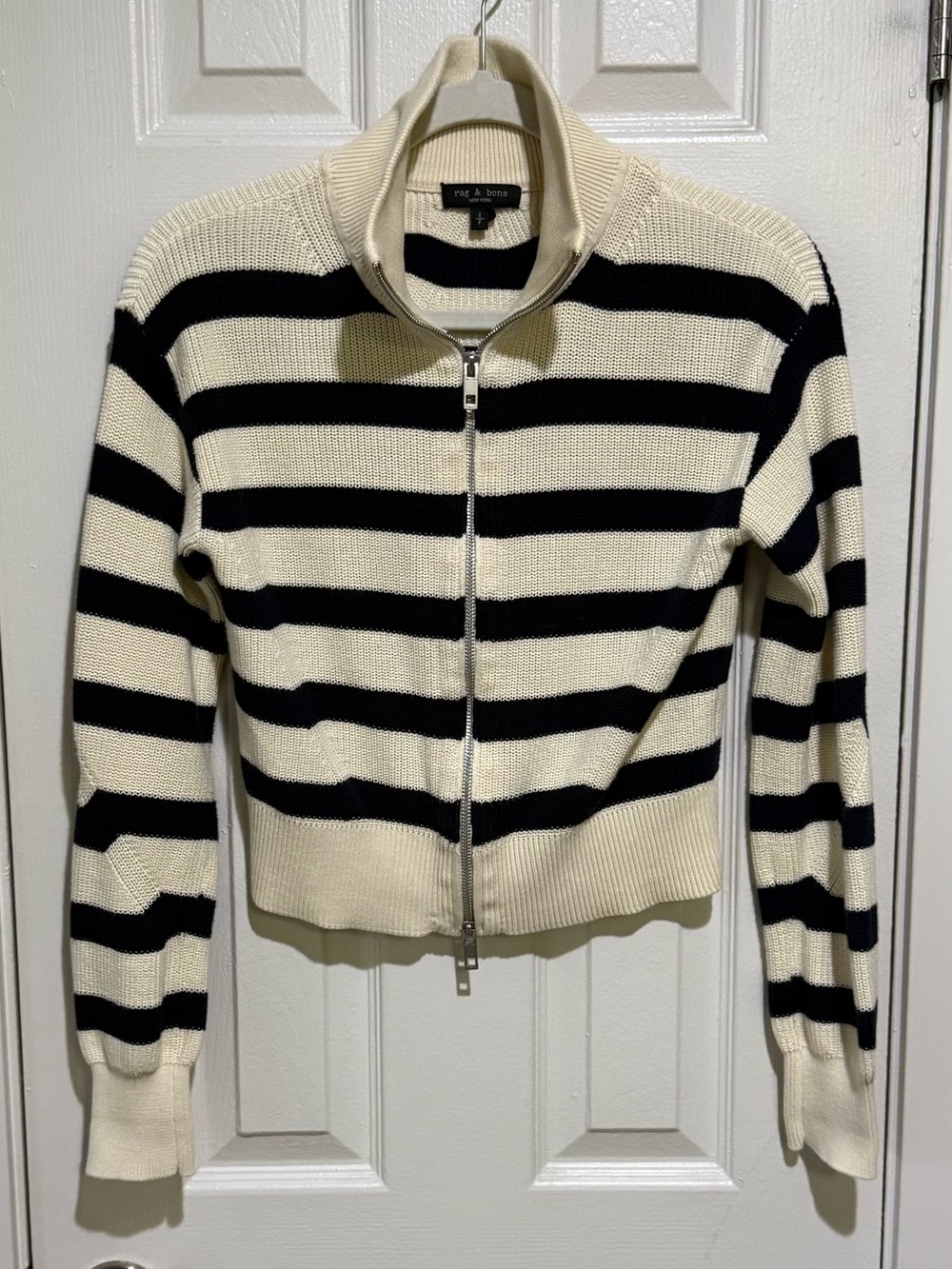 rag & bone Black and Cream Striped Zip-Front Sweater Amy Stripe Cotton zip - Picture 3 of 9